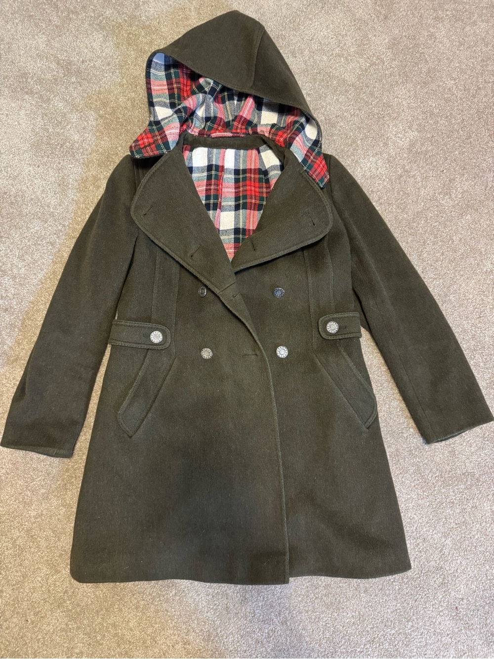 Rare Vintage 1970s JOLE Modell München Green Wool Hooded Peacoat - Tartan Lined